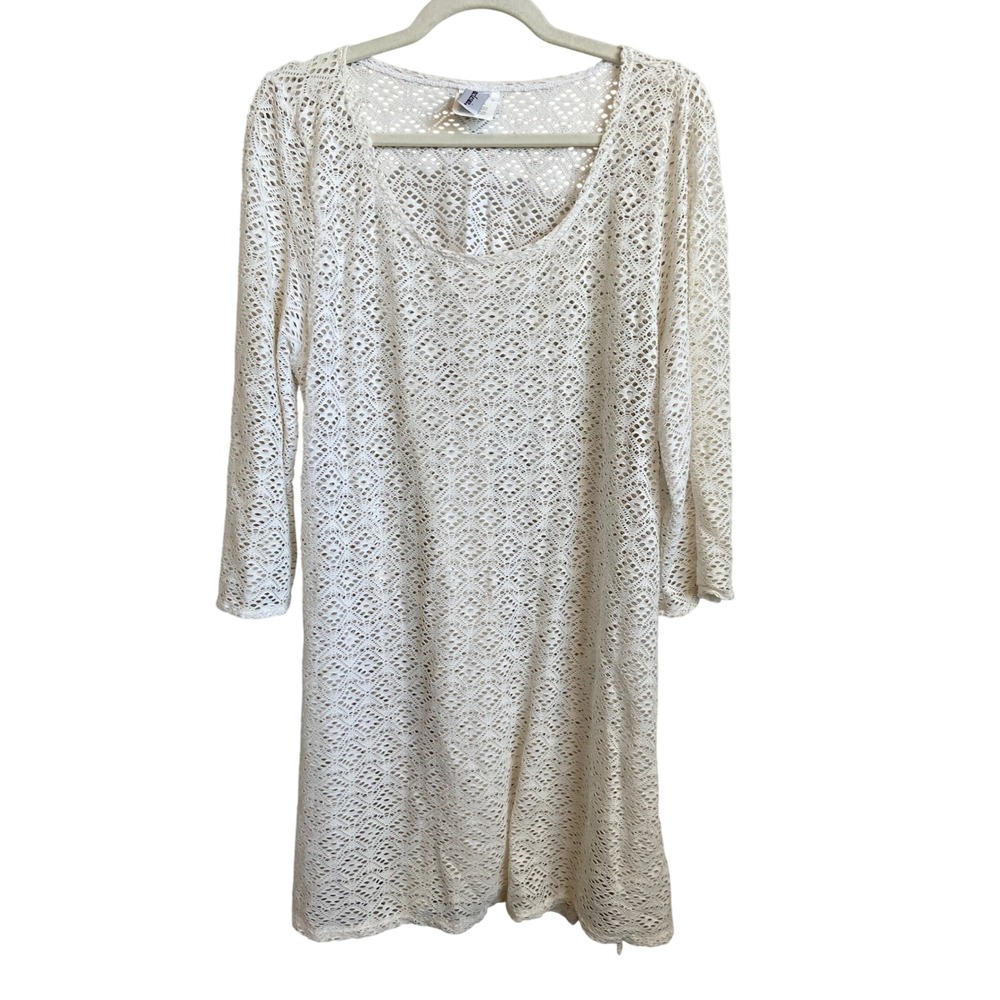 Miraclesuit White Lace Swim Cover Up Dress Medium 3/4 Sleeve Boho